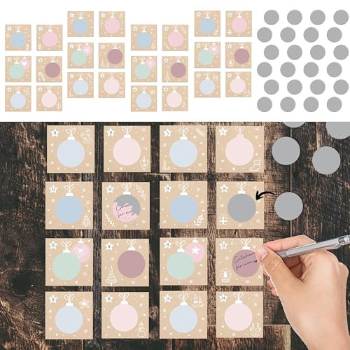 Rubbel Adventskalender 73tlg. | Klammern Schnur Karten Kratzfolie Sticker 1-24 | Papier MDF | Weihnachten Kalender (1 x Rubbelkalender Aufhängen)