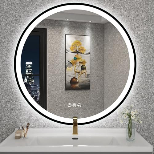 S'bagno Miroir-Rond-Salle-de-Bain-avec-éclairage 80cm, Rond-Miroir-LED-avec-Bluetooth, Antibuée, 3 Couleurs Lumières, Dimmable, Mémoire Lumière, IP44, Verre Trempé, Cadre Fer Noir