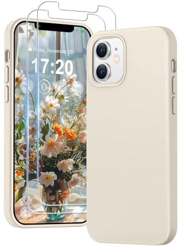 PuyaTeya 3 in 1 Hülle für iPhone 11, mit 2 Stück 9H Panzerglas Premium Liquid Silikon Hülle, mit 4-Layer stoßfeste abriebfestes, Soft Mikrofaserfutter Kratzfes Schutzhülle für iPhone 11(Beige)