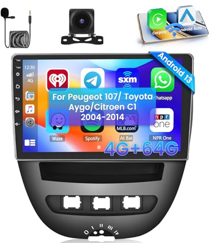 Hikity 4+64G Autoradio per Peugeot 107/ Toyota Aygo/Citroen C1 2004-2014 | 10 pollici Radio Android 15 con CarPlay Android Auto e Bluetooth FM GPS WiFi Mirror Link DSP EQ Navi microfono