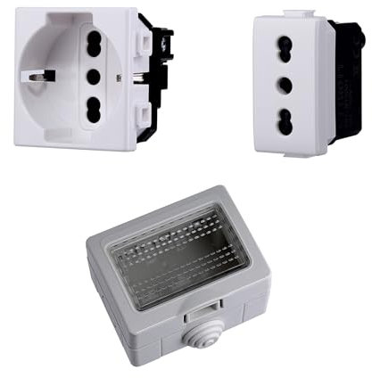 Cassetta Elettrica IP55, Completa Di Frutti Compatibile Con Bticino Matix, 3 Moduli Presa Schuko P40 + Presa Bipasso, Scatola Con Coperchio Da Muro Parete Esterno e Interno