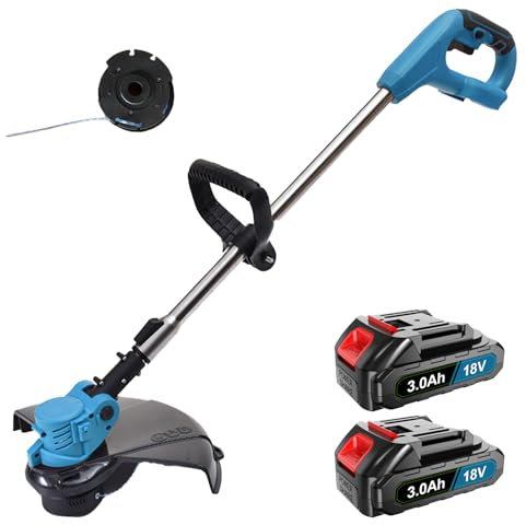18V Akku-Rasentrimmer – Inkl Spule, Sicherheitsschutz,großer Schnittdurchmesser,Kompatibel mit Makita 18V-Akkus(Inkl. 2 x 3,0 Ah Akkus + Ladegerät)