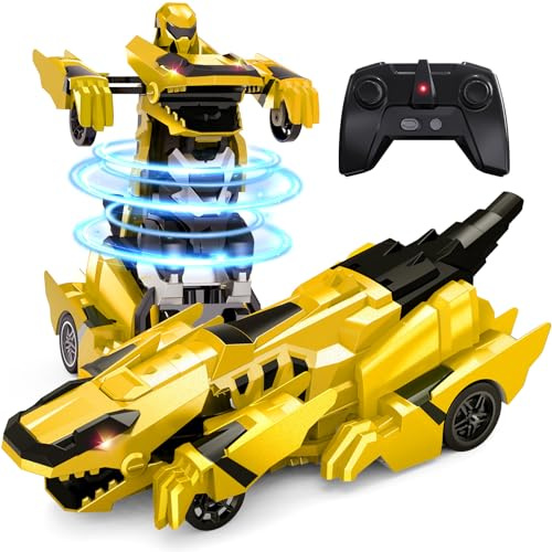 Tecnock 2025 Wiederaufladbares Ferngesteuertes Dinosaurier Auto 2,4 GHz mit EIN-Knopf-Transformation, 360°Drehung, Roboterauto Spielzeug mit LED-Lichtern Geschenk für 4-12 Jungen/Mädchen Gelb
