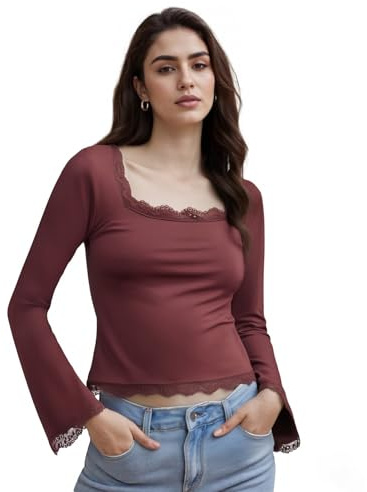 CocMouse Women's Sexy Square Neck Shirt Long Flare Cuff Sleeve Lace Trim Slim Fitted Basic Tee Tops Y2k Aesthetic Clothes