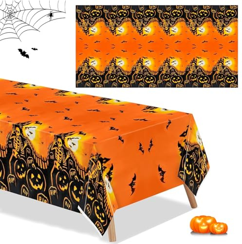Halloween Tischdecke, 2 Stück Kürbis-Skelett-Tischtuch,137 x 183 cm Halloween Party Decoration Tablecloth, Orange Wasserdicht, für Halloween-Party-Dekoration, Haus, Tisch, Garten