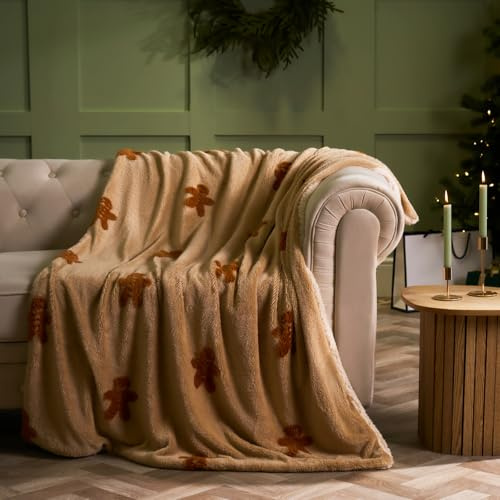 OHS Christmas Blanket Double Bed Throw, Christmas Decorations Ultra Soft Warm Winter Tufted Gingerbread Thick Sherpa Fleece Blanket for Bed Fluffy Reversible Throw for Sofas, Beige - 130 x 160cm