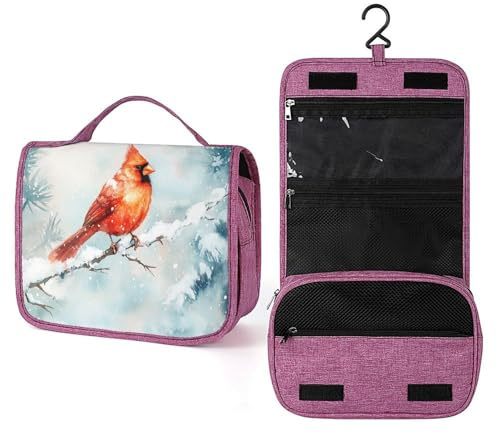 Reise-Kulturbeutel mit rotem Vogel auf schneebedecktem Ast, Reise-Kulturbeutel für Damen, hängender Make-up-Organizer mit Haken für Shampoo