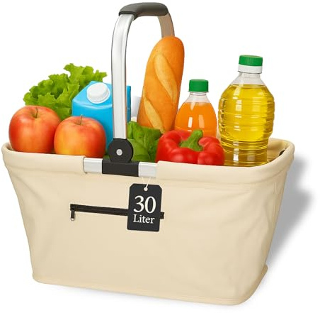 Einkaufskorb 'Carry' - Stabiler und Faltbarer Korb mit Henkel aus Aluminiumrahmen - ca. 30L Korbtasche für Einkäufe und Ausflüge - Einkaufstasche aus Polyester mit Soft Griff, Farbe:beige