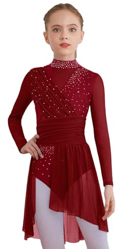 Hansber Kids Girls Shiny Figure Ice Skating Dress Lyrical Dancewear Long Sleeve Hollow Back Mock Neck Ballet Dance Tutu