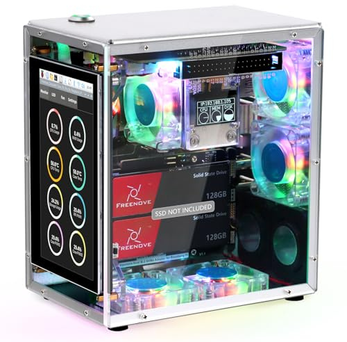 FREENOVE Raspberry Pi 5 Case Kit Pro, Dual M.2 NVMe SSD Slots, 5 PWM ARGB Fans Light Sync, CPU Tower Cooler, 4.3 Touchscreen, Stereo Speakers, 3.5 mm Audio (SSD NOT Included)