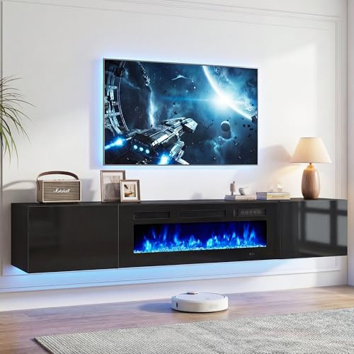 YISUFO 70 Floating Fireplace TV Stand, Black Entertainment Center & Black Electric Fireplace, High Gloss Doors, Floating TV Console Wall Mounted, Suitable for TVs up to 80 Inches