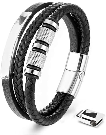 Armband Herren - Lederarmband - Edelstahl-Magnetschließe Armband - Geflochtenes Lederarmband - Armbänder für Herren als Geschenk für Geburtstag, Valentinstag, Weihnachten oder Vatertag Schwarz