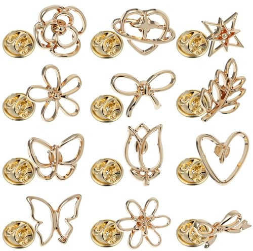 12 Stück Gold Broschen für Damen, Anti-Rutsch Anstecknadeln aus Metall, Goldene Brosche für Kleidung, Schal und Hut, Vielseitige Dekoration & Accessoire für Alltag und Party