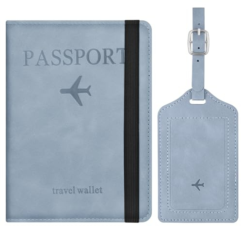 APXEL Protege Passeport en Cuir PU, 2 Pcs Étui Passeport avec Etiquette Valise, Porte-Passeport Housse avec Blindage RFID, Hommes et Femmes pour Carte Crédit et Carte D'identité, Bleu Clair