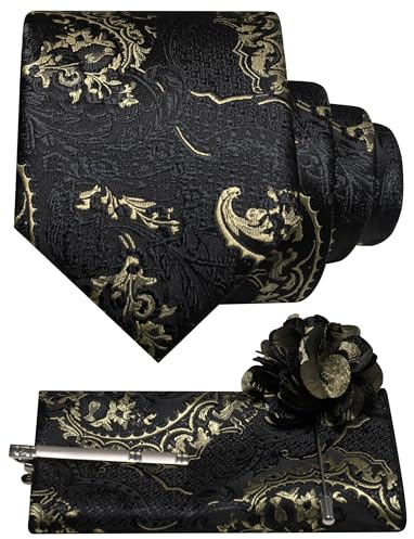 JEMYGINS Schwarz Basierte Krawatte Set Herren Einstecktuch Krawattenklammer Ansteckblume mit Barock Muster für Hochzeit Business Party Mehrfarbig