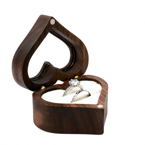 Amexo Herzförmige Ringbox Holz Ringschatulle, Walnussholz Ringbox mit Schwarz Samt, Holz Ringträger Ohrring Schmuck Box für Vorschlag Hochzeit Verlobung (E)