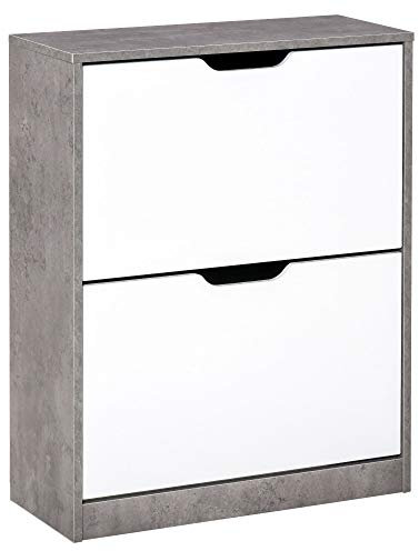 HOMCOM Schuhschrank Schuhregal Schuhbank mit 2 Kippschubladen Einfaches Design E1 Spanplatte Grau+Weiß 62,5 x 26 x 81 cm