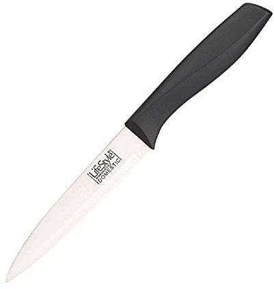 Tradineur - Cuchillo de cocina profesional, hoja fina de 13 cm de acero inoxidable, mango de plástico negro, corte preciso, utensilios de cocina multiusos