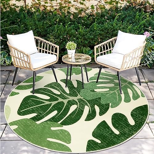 Lukinbox Teppich mit grünem Blatt, 122 cm, rund, Schlafzimmerteppich, rutschfest, waschbar, Akzent-Teppiche für Wohnzimmer, modern, weich, Monstera-Kreis, Wohnmobil, Spielzimmer
