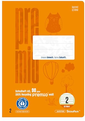 Staufen premio Schreiblernheft - 10 Hefte je 16 Blatt, DIN A5, Lineatur 2 (4/4/4mm liniert, farbig hinterlegte Lineatur), 90 g/m² Recyclingpapier, runde Ecken verhindern „Eselsohren“