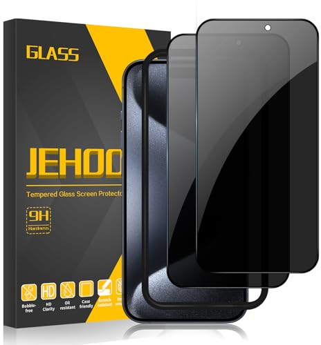 JEHOO 2 Pièces pour iPhone 15 Pro Max Verre Trempé Anti Espion 6,7 Pouce, Avec Cadre de Montage Secondaire, Dureté 9H, Compatible Coque, Film de Confidentialité Protection en Écran