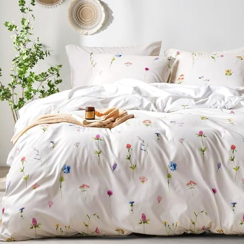 Freyamy Blumen Bettwäsche 135x200cm 2teilig Weiß Bunt Floral Mädchen Bettwaren-Sets 100% Microfaser Blumenmuster Wendebettwäsche Elegante Bettbezug mit Reißverschluss und Kissenbezug 80x80cm