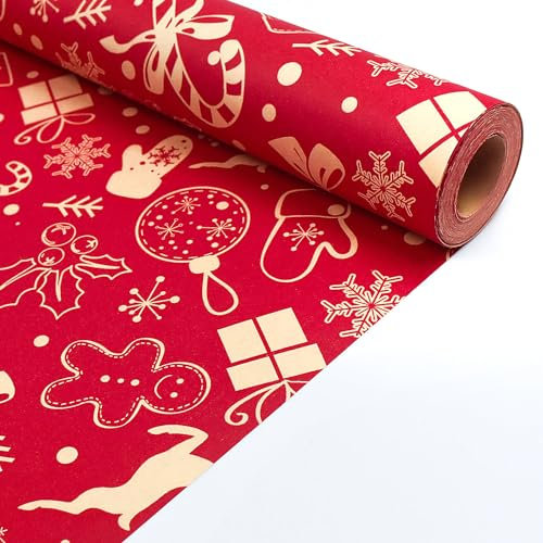 Rouleau de papier cadeau de Noël recyclable rouge 43 cm x 15 m pour cadeaux de Noël, anniversaires, décorations de cadeaux respectueuses de l'environnement