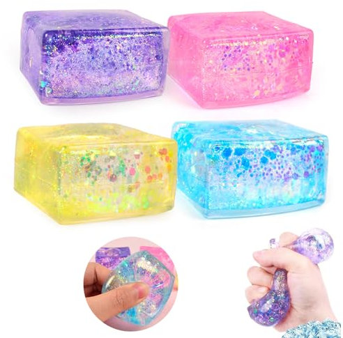 Nee Doh Nice Cube 4 PCS ,Nice Cube Stressbälle,Squishys Squeeze Ball,Nee Doh Cube Squeeze Toy,Stressballs für Kinder und Erwachsene,Angst- und Stressabbau-Würfe (Color Random)