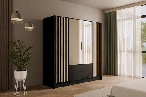 ALTDECOR Kleiderschrank mit Spiegel und selbstschließenden Lamellentüren, Lamellen, Flügeltüren - Nelia - 200 cm Schwarz/Artisan