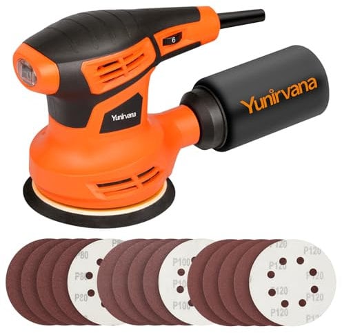 Yunirvana Levigatrice Orbitale 280W 13000OPM Max 6 velocità variabili levigatrice rotorbitale con 15 dischi abrasivi 125mm (80, 100, 120 Grani),levigatrice con Scatola di Raccolta della Polvere