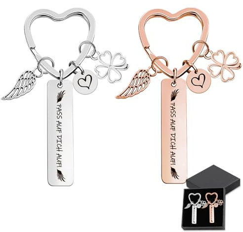 BDHYYM 2 Stück Schutzengel Schlüsselanhänger mit Box - Herz Glücksbringer für Auto, mit Gravur für Führerschein, Geburtstag, Schwestern, Mama, Tochter