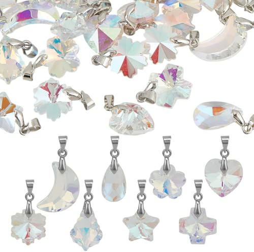 GOMAKERER 32 Stück 8 Stile Kristallglas Charm Anhänger, Facettierte Mond Stern Herz Anhänger Kristall Transparente Glasanhänger Zur Schmuckherstellung