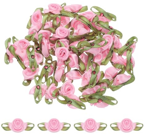 QUARKZMAN 30 stycken rosa konstgjorda minirosetter blommor 12,7 x 1–3/16 minirosor rosetter rosor med blad dekorativa tygblommor, satinband för sömnad, förpackning, applikationer, hantverk, bröllop