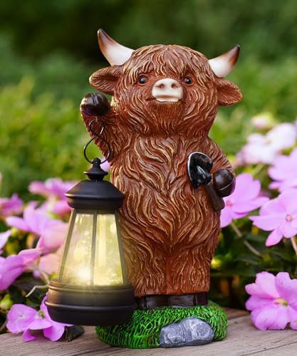 Yeomoo Hochlandrind Figur mit Solarlampen Gartendeko - Lustig Highland Cow Gartenfigur mit Solarlampen Schaufel Deko - Kuh Geschenke für Frauen Mama Männer Geburtstag - Wetterfeste Balkon Zimmer Deko