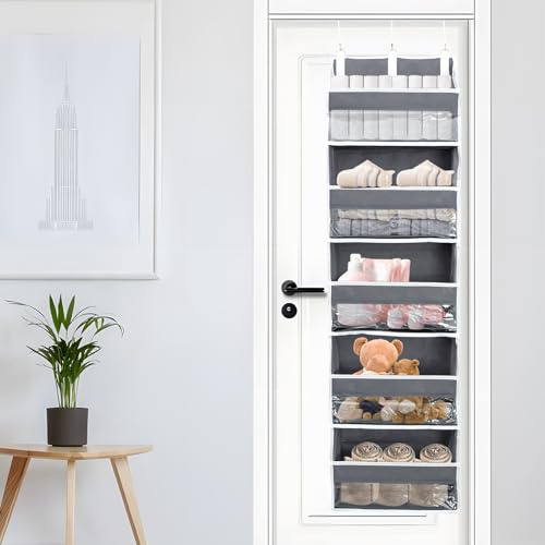 NIHUIFDPY Over Door Organizer with 5 Large Pockets and 10 Mesh Side Pockets, Large Capacity Hanging Storage Organizer with Clear Window for Home Bedroom Bathroom Kitchen(grey)