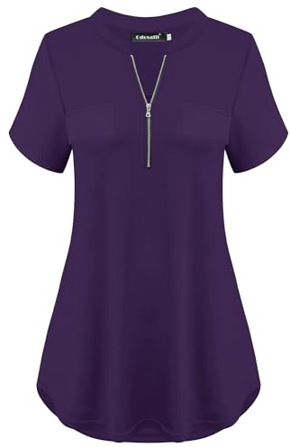 Odosalii Bluse Damen V-Ausschnitt Kurzarm T-Shirt Sommer Longtunika Leichte Tunika Sommerbluse Blusenshirt Blouse Faltenbluse Locker Arbeitskleidung fur Das Büro Longshirt B_Lila_Kurzarm L