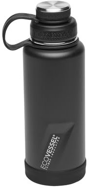 EcoVessel Edelstahl Wasserflasche mit Isoliertem Dual Deckel, Isolierte Wasserflasche mit Sieb und Silikonflasche Bumper, Kaffeebecher - 32oz (Black Shadow)