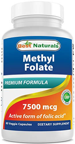 Best Naturals Methyl Folate 7500 mcg (7.5mg) (Most Bio-Available) Veggie Capsule - Supports Cell Formation Growth Function, Brain, Memory, Cardiovascular Health, 60 Count