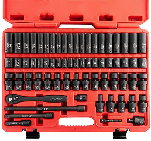 NEIKO 02471A 3/8 Standard and Deep Drive Impact Socket Set | 67 Pieces | SAE 5/16 to 3/4 | Metric 8mm to 19mm | Chrome Vanadium Steel | Quick Release Ratchet Handle | Extension Bars and Adapters