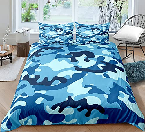 Camouflage Bettwäsche Set 1/2 Person Kinder Erwachsene Bettbezug mit Reißverschluss Abstrakte Art Quilt Set Schlafzimmer Komfortable Polyester Mikrofaser Bettwäsche (Blau, 135_x_200_cm)