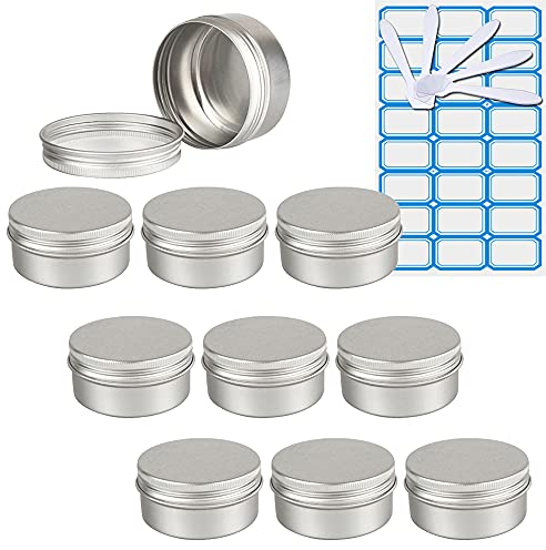 ZEOABSY 10 Pièces 80ml Pots en Aluminium Vide Rond Argent Petit Cosmétiques Pot Conteneurs for Fait Main Bougies Crème Baume Voyage, 5X Spatule, 1x Étiquettes