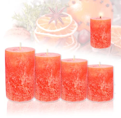 Smart-Planet 4er Set Rustik Kerzen Ambiente Weihnachten - Adventskranz Rustic - Farbe Winter Orange - 8/10/12/14cm - Stumpenkerze Advent Weihnachtskerze