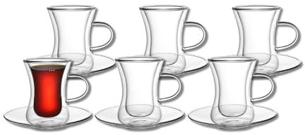 Kadum Lot de 6 verres à thé turcs à double paroi avec anse et soucoupe, 80 ml, dans un coffret cadeau, résistants à la chaleur, passent au lave-vaisselle