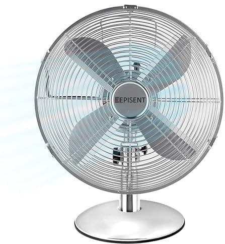 EPISENT 12 Chrome Desk Fan – Quiet Metal Table Fan with 3-Speed Rotary Control, Oscillating Head & Stable Base – Strong Airflow Cooling fan for Bedroom, Work, Office, Sleep & Study
