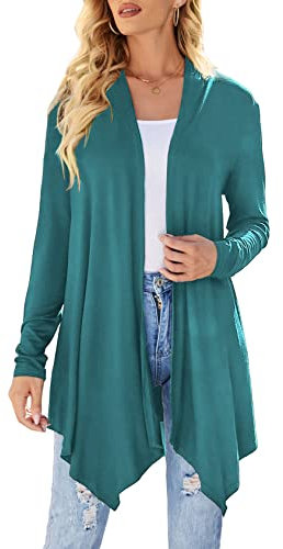 Cardigan da donna drappeggiato aperto sul davanti casual a maniche lunghe leggero cardigan maglioni spolverino, Azzurro chiaro, M