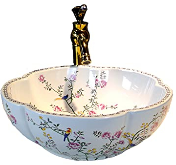 Lavabo moderne en céramique blanche pour salle de bain en forme de fleur, avec motif floral et oiseau, 1 pièce
