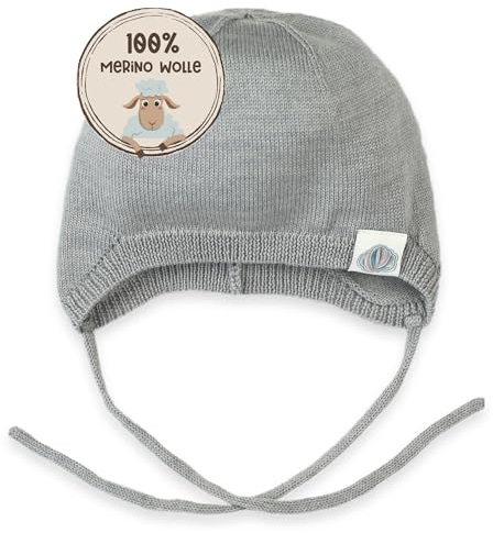 MIRARI Kids Warme Babymütze gestrickt aus 100% Merinowolle I Unisex Strickmütze mit Ohrenklappen und Bindebändern I weiche Baby Wollmütze ohne Futter (Grau, 9M (44-48))