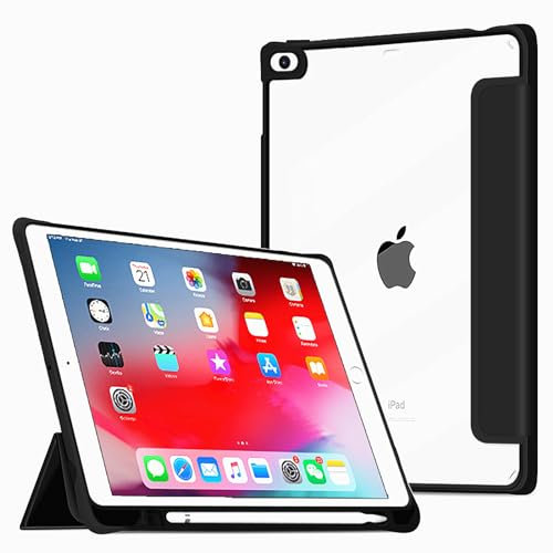 VAGHVEO Custodia per iPad 9,7 Pollici 6a/5a Generazione 2018 2017 con Portapenne, iPad Air 2 2014, iPad Air 1 2013 Chiaro Case, Slim Trifold Stand Case in Pelle PU con Retro Trasparente Cover, Nero