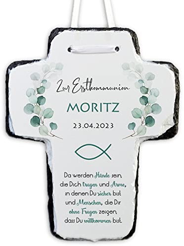 Feenstaub Personalisiertes Kreuz für Erstkommunion, Geschenk zur Kommunion, Schieferkreuz bedruckt, Kinderkreuz, Geschenke ersten heiligen Kommunion, Eukalyptus
