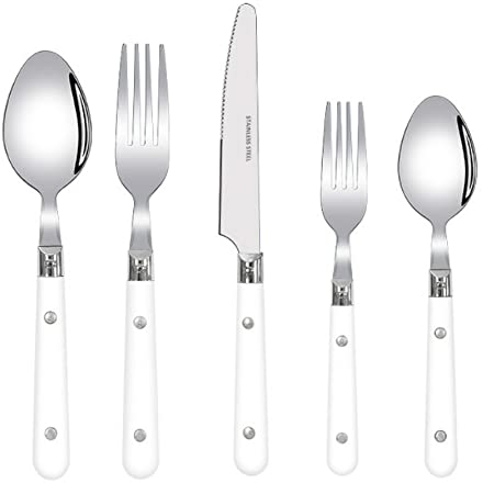 20-Piece Set-304 Thickened Stainless Steel Silverware Cutlery Set Steak Knife and Fork Spoon Dessert Tea Spoon Fruit Fork (White)